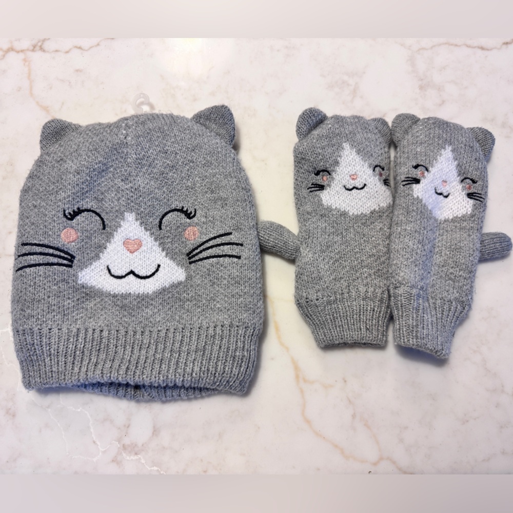 Barnes & Noble Gray Kitty Cat Hat and Mittens Set 🐱🐈⬛